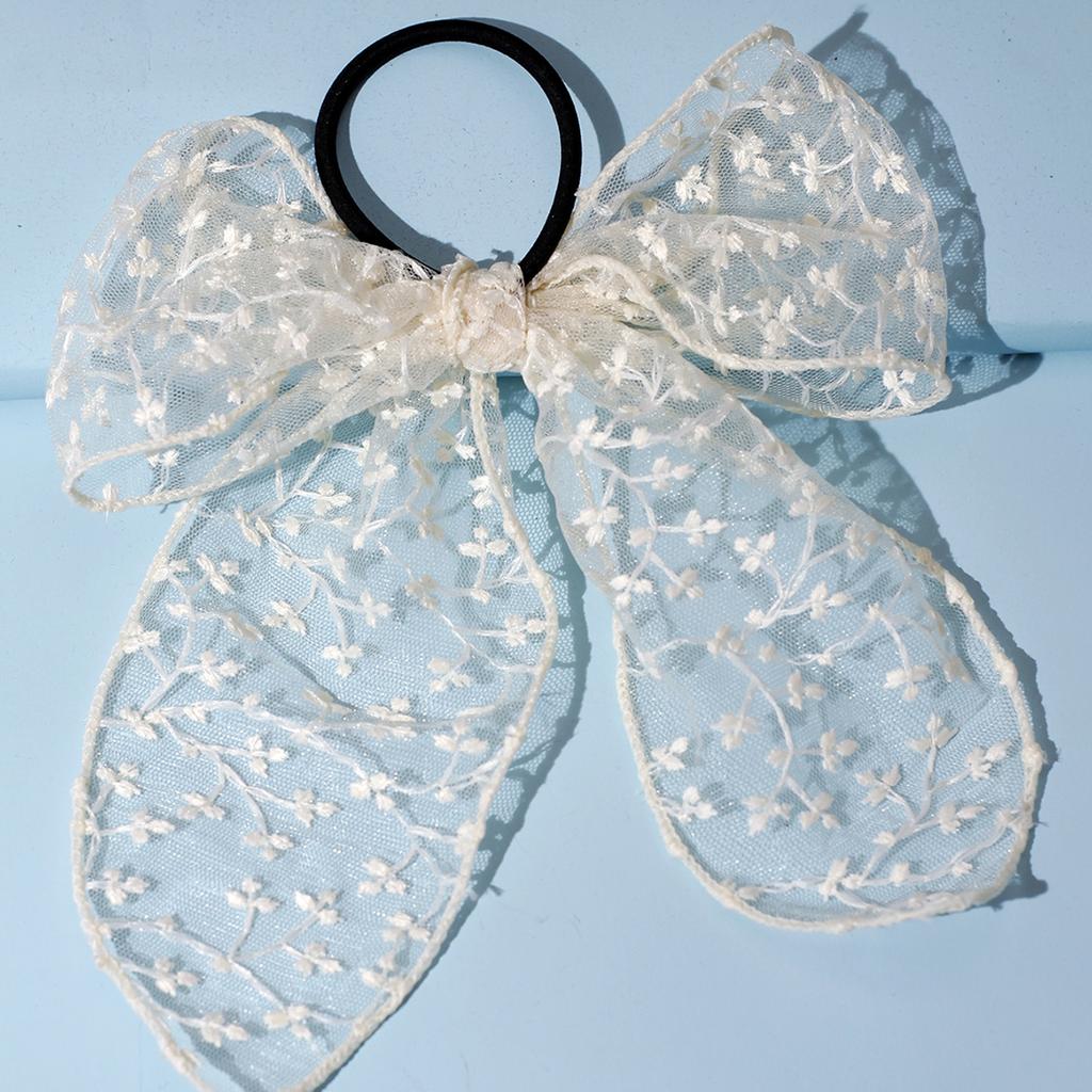 Lystrfac Spring Summer White Handmade Lace Bow Hair Ribbon Headdress Streamer Bow Scrunchies for Women Lolita Hair Accessories