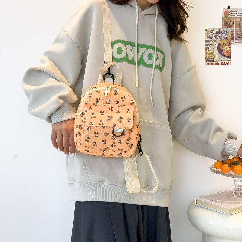 Corduroy Bag Cherry Print Small Fresh Lightweight Backpack Velvet Shoulder Sweet Cute Girl Backpack
