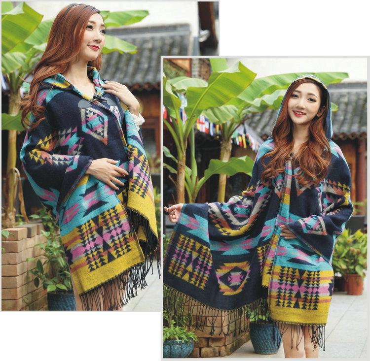 Bohemian Ethnic Hooded Cape Shawl - Women's Autumn/Winter Yunnan & Korean Style