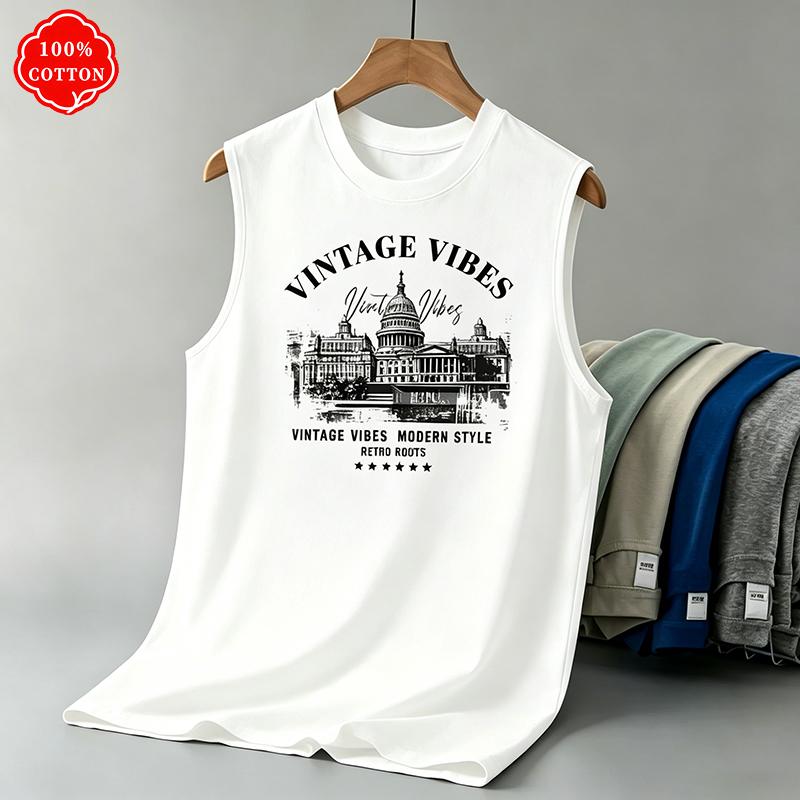 Men's Summer Vest Is Loose-fitting. Features the "VINTAGE VIBES" Pattern Print. A Casual Sleeveless Top