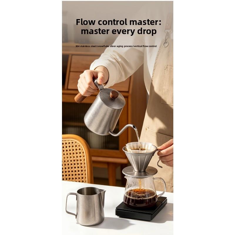 Stainless Steel Hand-drip Coffee Pot with Narrow Spout, Long Handle and Ear-shaped Design, Suitable for Home Use and Portability, with A Retro Style.