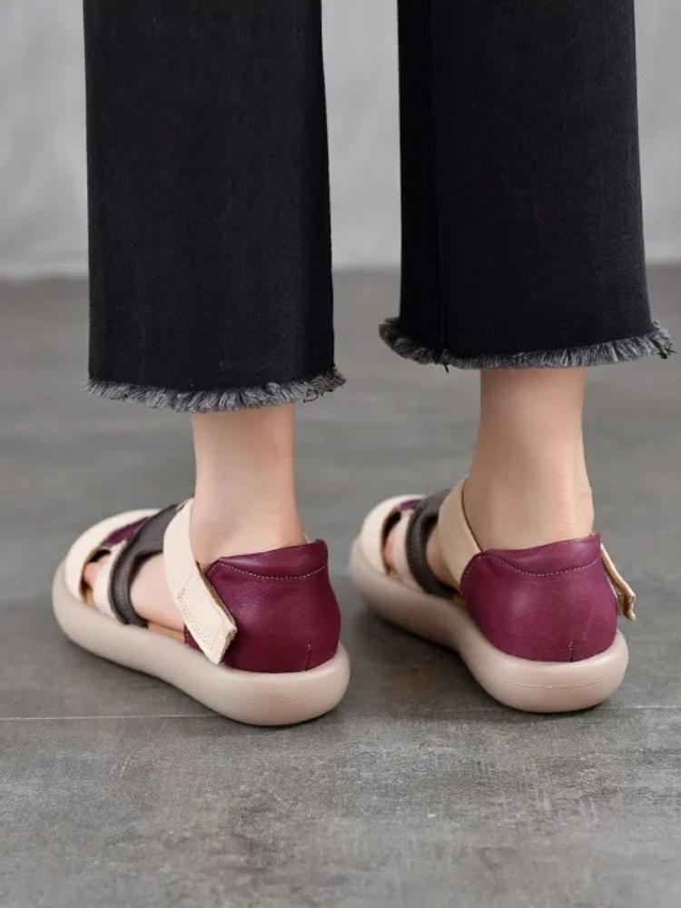 Johnature Genuine Leather Mixed Colors Hollow-out Sandals Casual Round Toe Thick Soled Women's Shoes