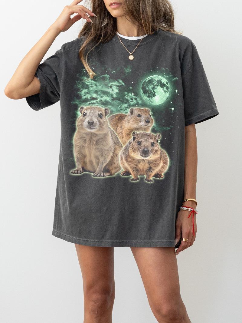 Three Hyrax Moon Tshirt Funny Animal Meme Tee Rock Hyrax Screaming Design Celestial Viral Rock Hyrax Shirt Dassie Gift S