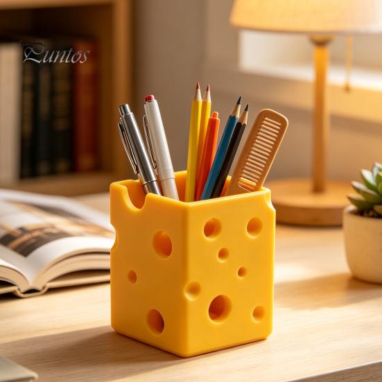 Student Desk Supplies Creative 3D Printed Cheese Pen Holder, Cute Desktop Organizer, Large Capacity Storage Box Multifunctional Ornament for