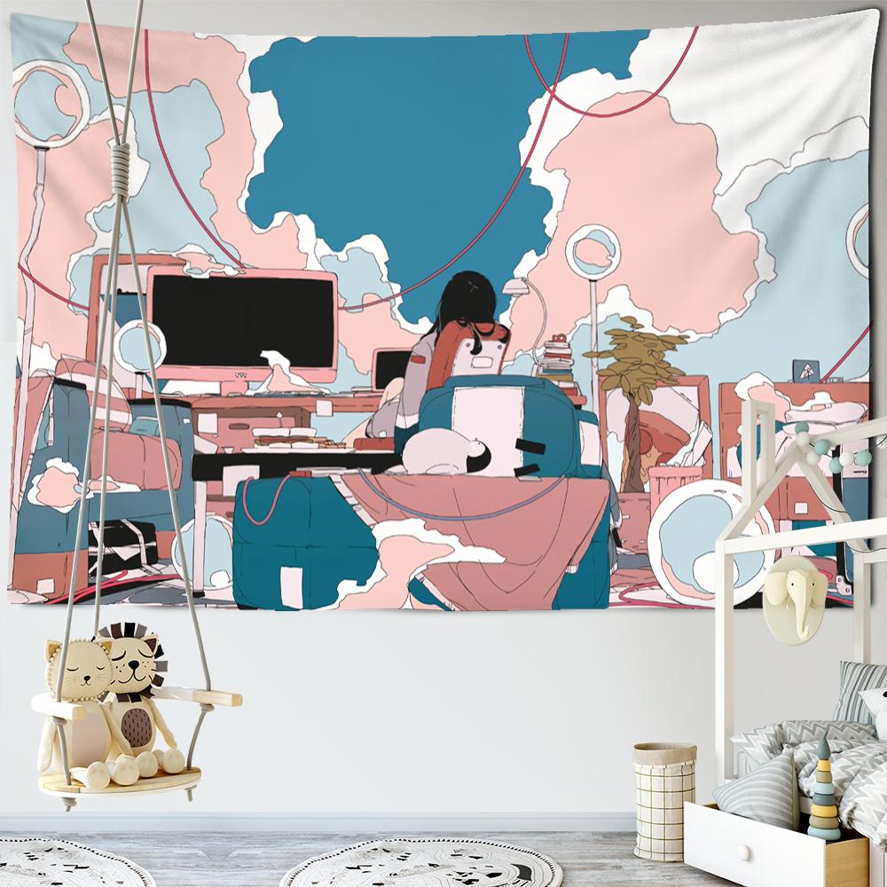 Anime Game Girl Tapestry Wall Hanging Cartoon Cute Kawaii Girl Dormitory Aesthetics Room Hippie Home Decor