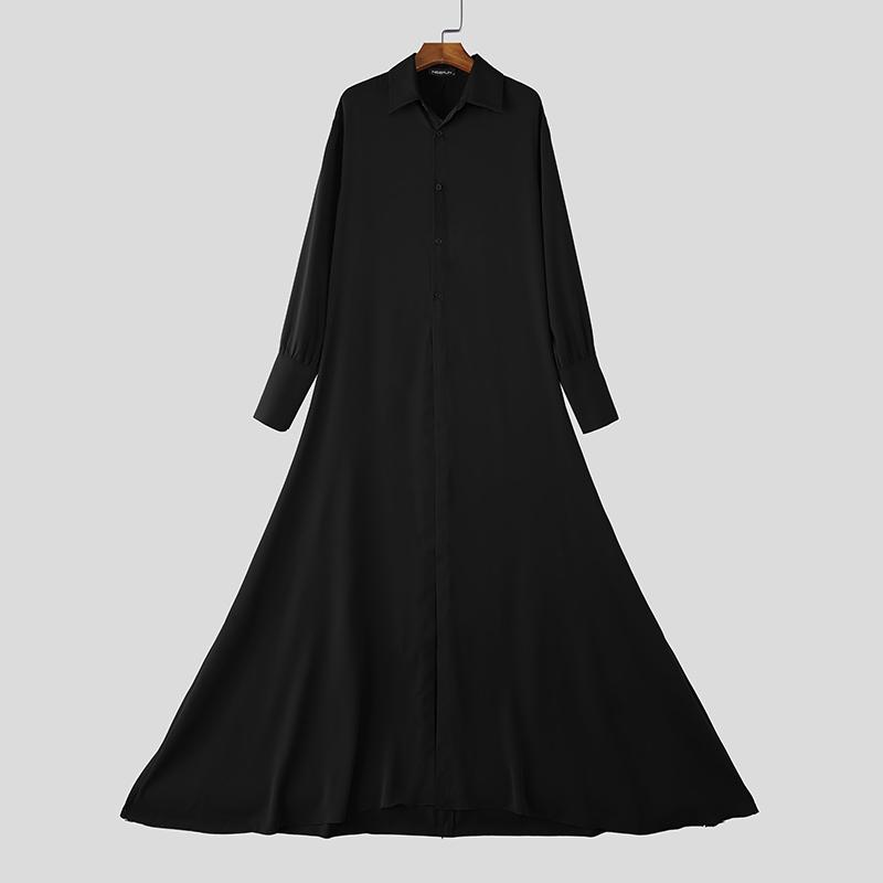 

INCERUN Мужские рубашки с лацканами, длинными рукавами, на пуговицах, с высокими разрезами, макси, с подолом «качели» S