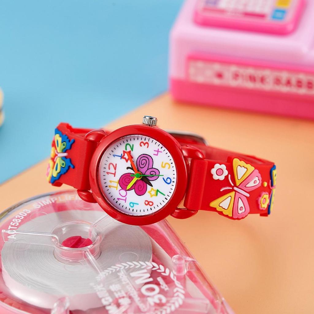 Kids' Pink Cartoon Quartz Watch with Screw-Down Crown and Pin Buckle
