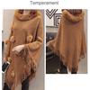 Women's Loose Sweater Outer Wear Fur Collar Batwing Sweater  Hand-woven Tassel Cloak Knit Shawl Autumn Winter