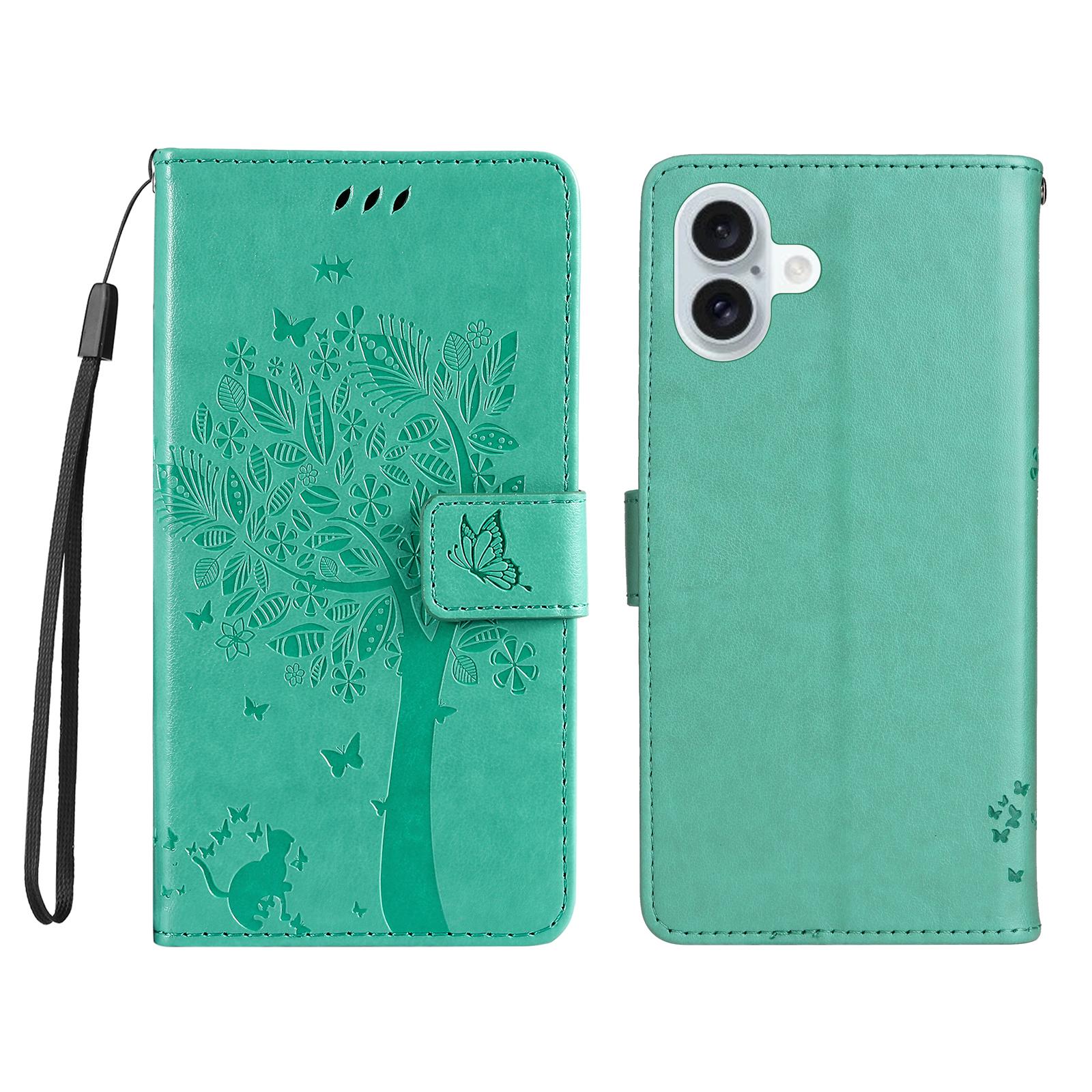

For iPhone 16 Plus Phone Case with Stand Cat Tree Pattern Leather Wallet Mobile Cover Green