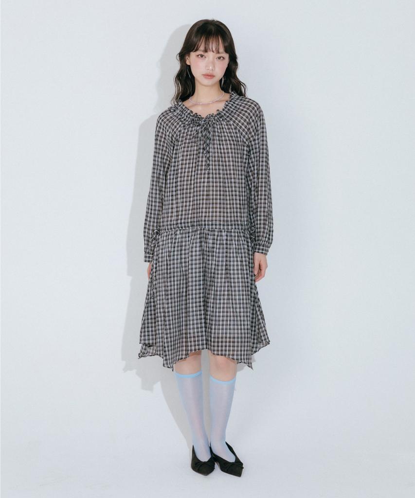 Mellotoli Frill Neck Check Midi Dress (2 Colors)