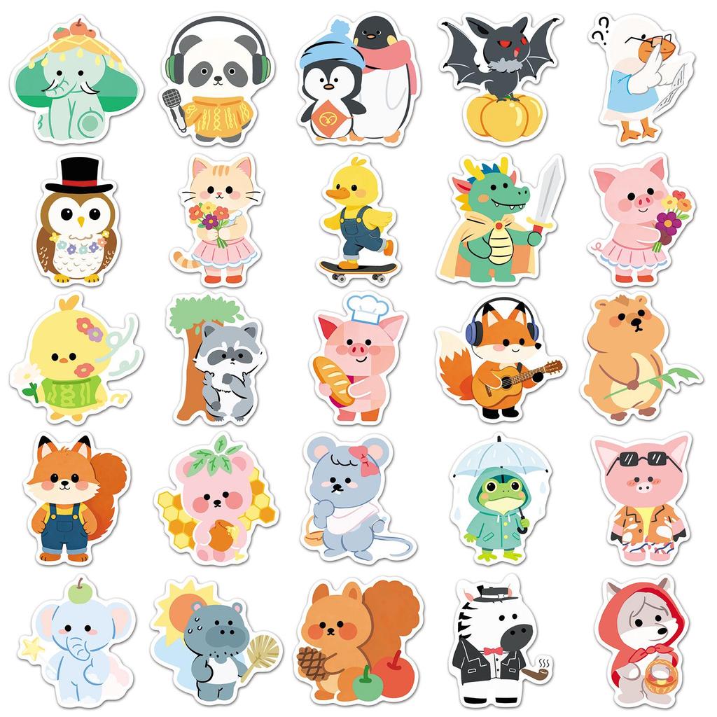 Original Graffiti Cute Animal Stickers - 50 Sheets of Childlike, Hand-Painted Cartoon Pets for Journals