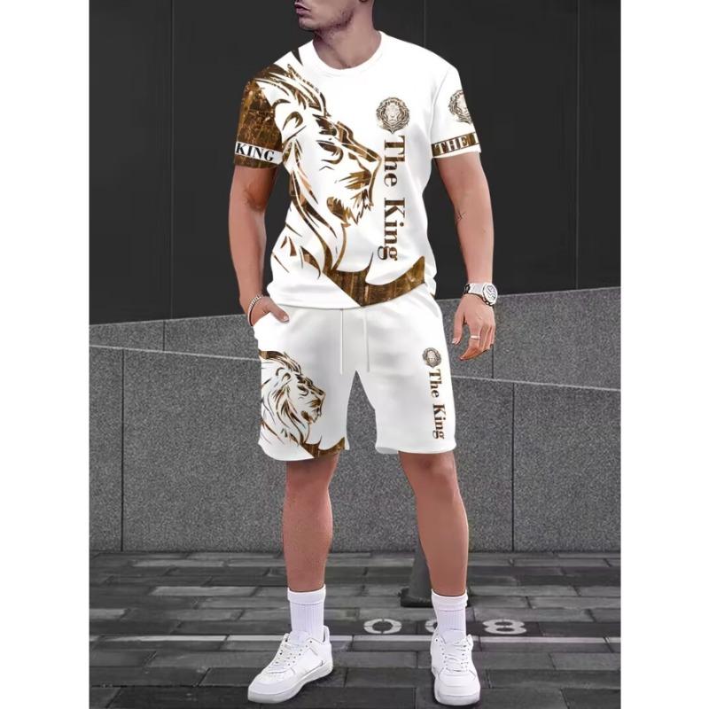 Men s Fashion Casual Tiger Print Short Sleeve Shorts Set S