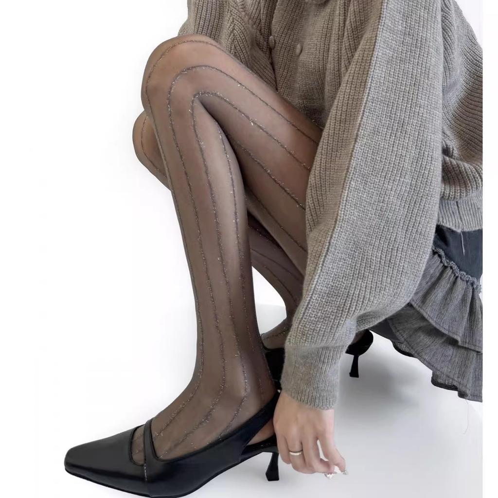 Ultra-Thin Shiny Silver Vertical Striped Stockings Children Show Thin Skin Gray Pantyhose Sexy Pure Desire Sexy Black Silk