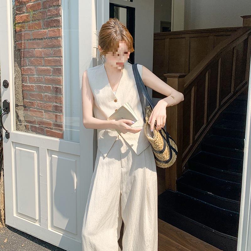 Women's 2026 Summer Linen Suit: Thin Style Vest & Wide-Leg Pants Two-Piece Set