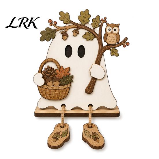 Halloween Tabletop Decorations Wooden Harvest Festival Ghost Ornament for Autumn Home Desktop Decoration, Cute Modern Farmhouse Fall Figurine