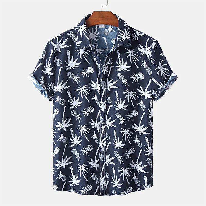 Spring and Summer Men's Beach Shirt Hawaiian Short Sleeve Flower Shirt Men's