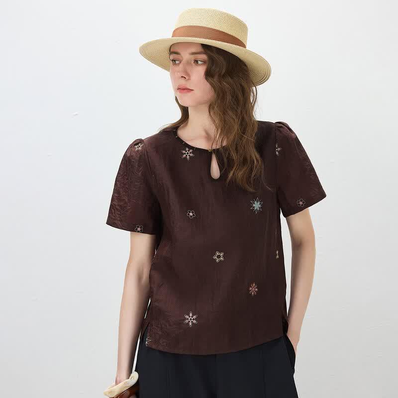 Kemengboka Summer Mulberry Silk Embroidered Blouse
