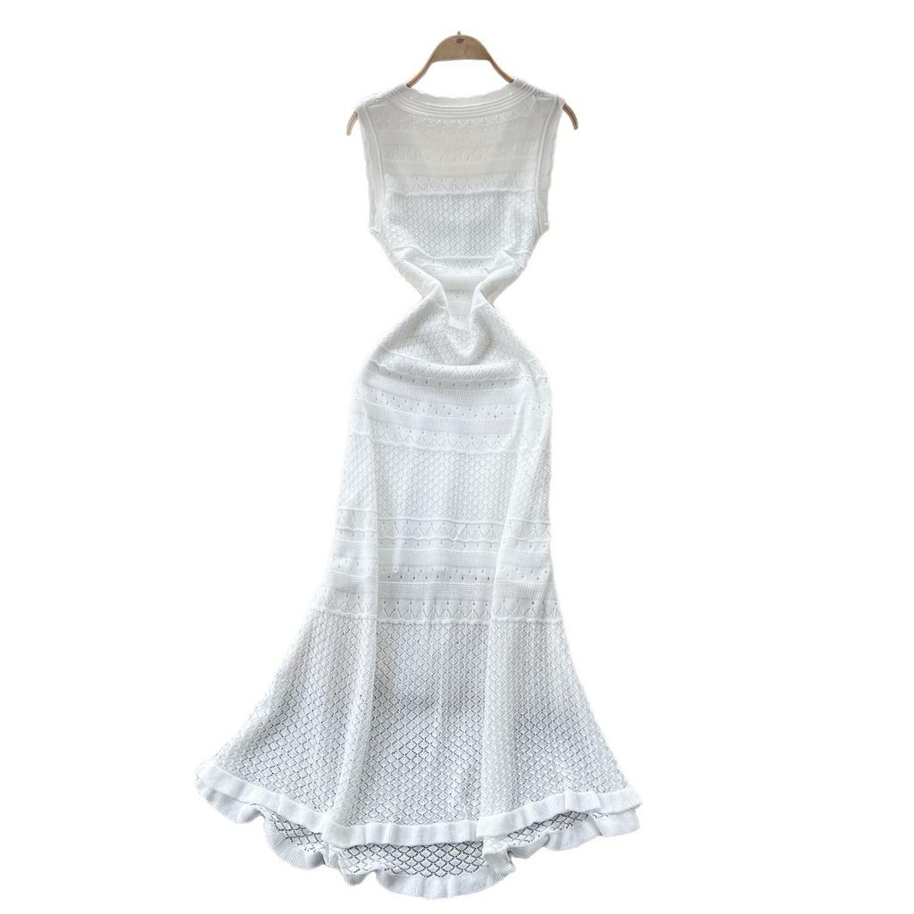 Gentle wind V-neck sleeveless hollow crochet knitted dress women's summer high-end waist fishtail dress