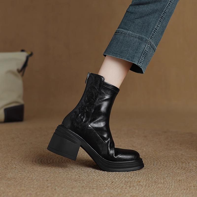 Women's Thick Heel Cotton Boots Winter New Round Head Back Zipper Leather Soft Soled Non-slip Mid-calf Boots