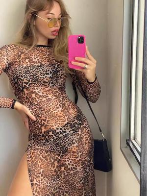 2024 Women's Fashion Mesh Print Split Dress – Round Neck, Long Sleeve, Beach Vacation Style