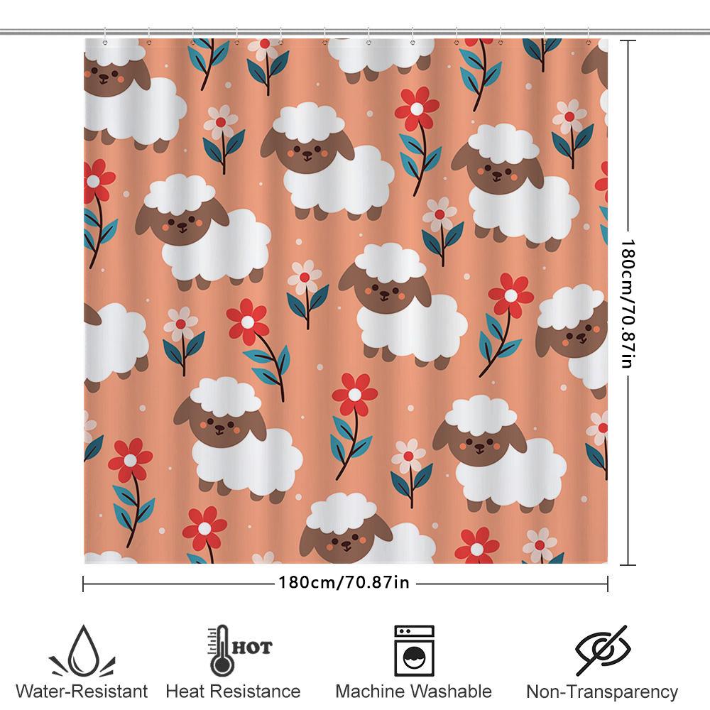 Dekoriere dein Badezimmer mit diesem süßen Schaf-Duschvorhang in Pfirsichrosa mit weißen flauschigen Wolken und roten Blumen!