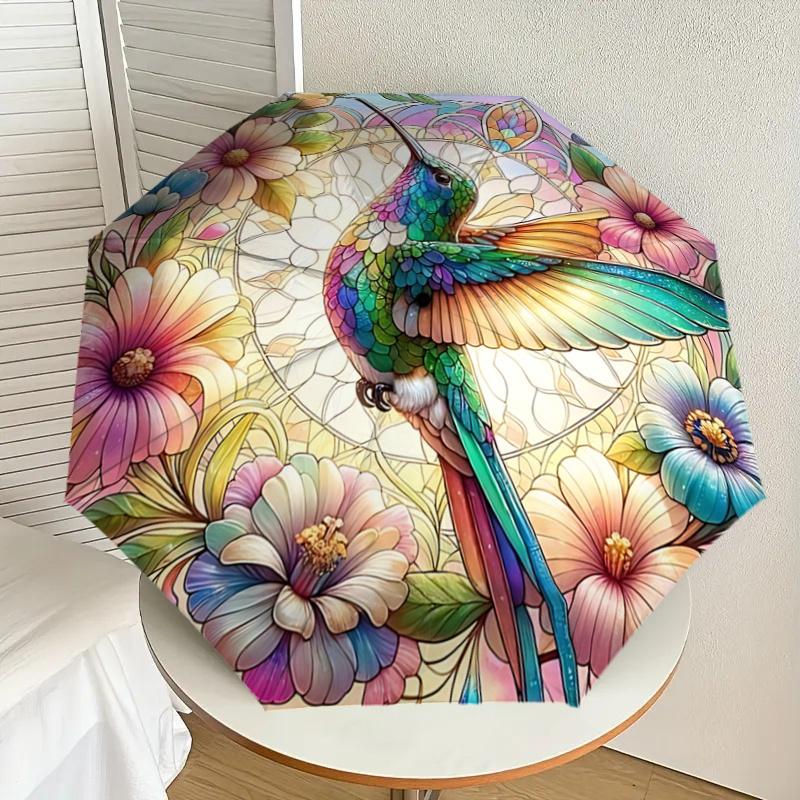 Stained Hummingbird Floral Pattern Automatic Folding Umbrella - Portable 3-Fold Design with Iron Frame, Perfect for Outdoor Use, Festive Gif