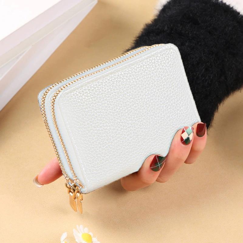 Rfid Card Holder Double Zipper Women Wallet Pu Leather Organ Card Bag Purse Large Capacity Multi-Solt Bank Card Cover Business Card Clip With Window