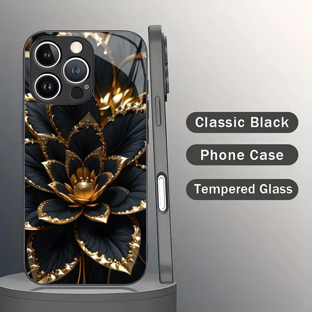 Black Lotus Patterned Tempered Glass Phone Case Suitable for iPhone 17 16 15 14 13 12 11 Pro Max Plus Anti Drop and Shockproof