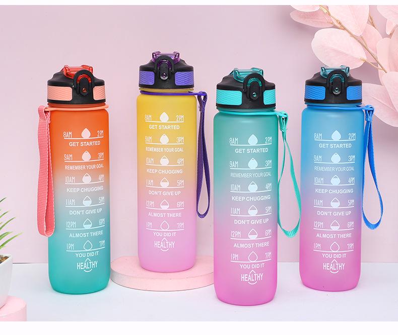 Gradient Color 1L Sports Water Bottle with Straw - Large Capacity Outdoor Plastic Space Cup