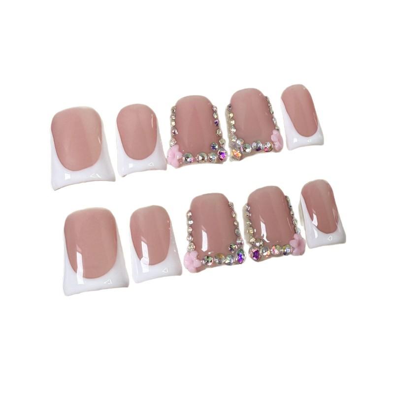 Short Duckbill Press-On Nails With Floral Design Sweet French Style Acrylic Tips Handmade Wearable False