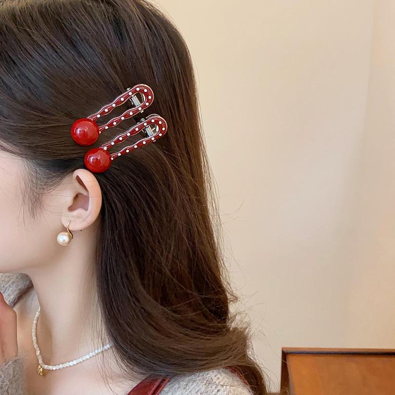 Dark Red Polka Dot Alloy Hairpin Cute Point Sweet Girls Women Duck Bill Clip Bangs Clip   Headwear Hair Accessories