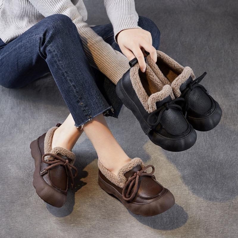 New Thick-soled Casual Leather Retro Flat Cotton Shoes with Added Insulation