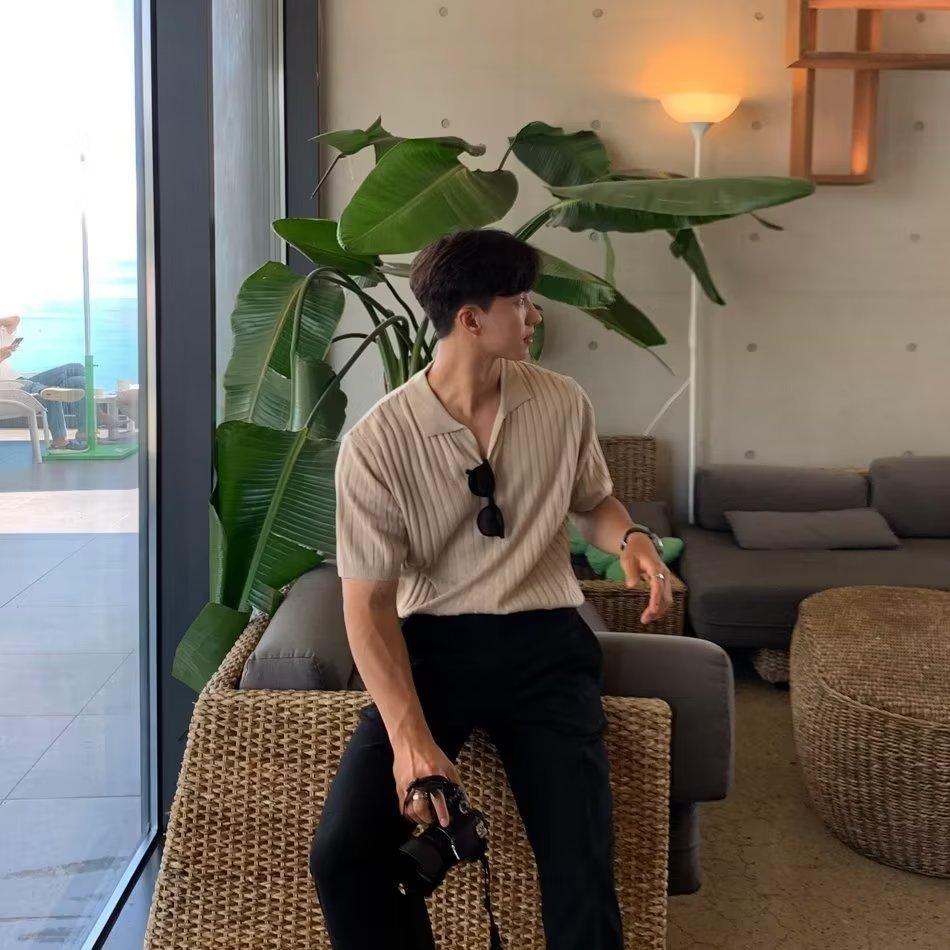 

Летняя мужская трикотажная рубашка поло с короткими рукавами, корейская версия тонкой однотонной футболки с лацканами из ледяного шелка XXXL