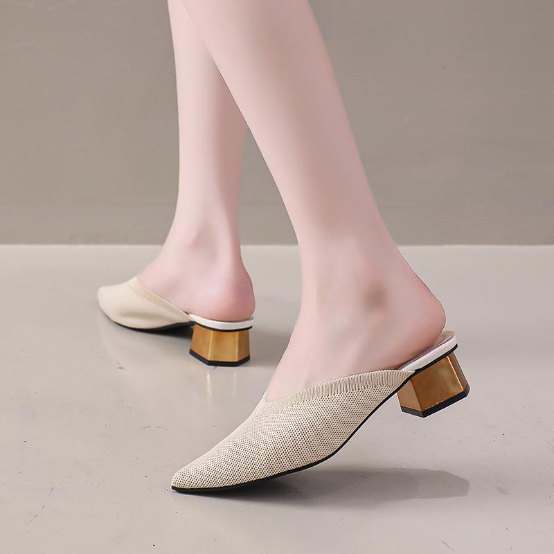 Fashion 2025Summer Women's Knitted Slider Mule New Elegant Mesh Breathable Shoe Slipper Closed Toe Slider Shoes Splice Solid Color