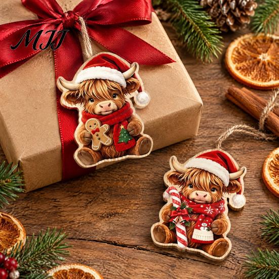 Flat Wood Xmas Decorations Highland Cow Christmas Ornament Set, 2D Wooden Cute Gift Items Hanging Decor with String, Holiday Tree Party Decoration