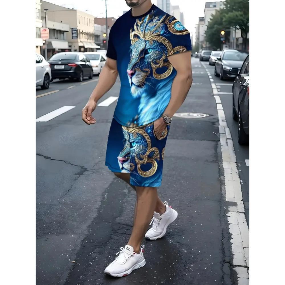 Funny 3D Cat Print Men's Sets Summer Casual O-neck Short Sleeve Tops Shorts 2 Piece Fashion Lion Pattern Suit T-Shirts Outfit