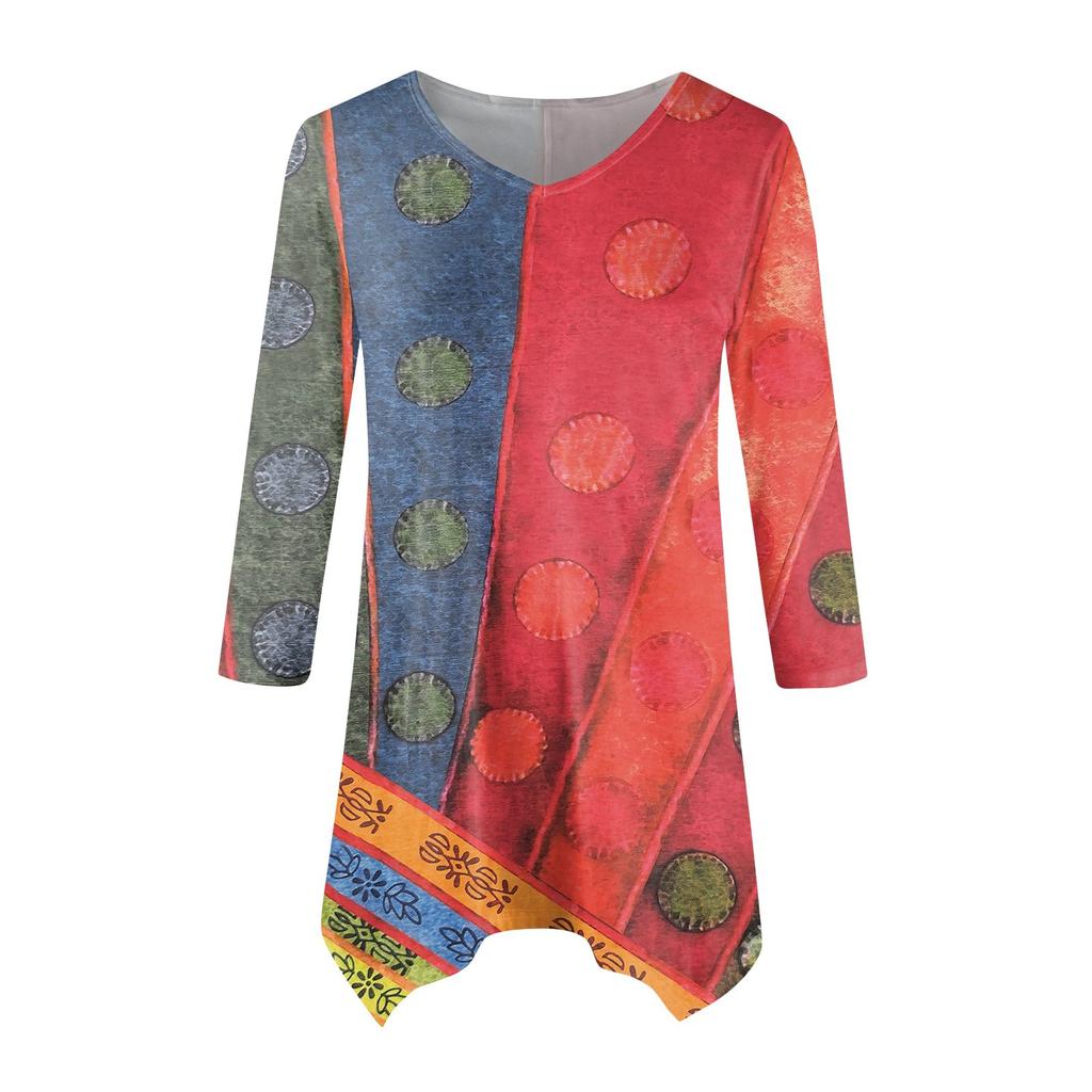 Moda Donna Casual Scollo a V Colore a Contrasto Stampato Manica a Sette Punti Camicia Cinturata Top Ampio Confortevole
