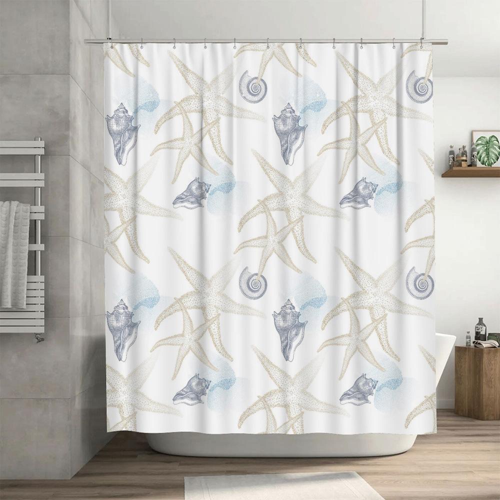 Zasłona Prysznicowa Fale Oceanu Muszelki Drukowana 3D Wodoodporna Tkanina do Dekoracji Łazienki w Kolorze Biało-Niebieskim Zestaw
