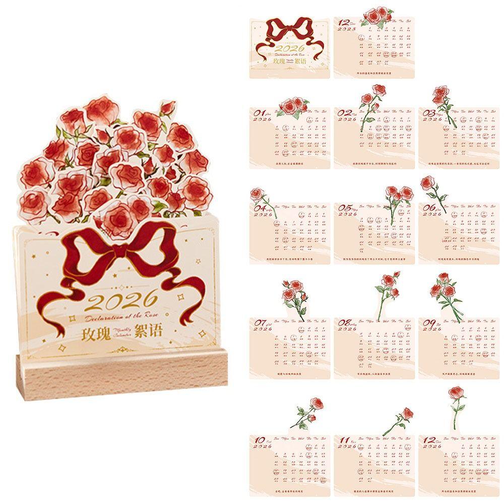 Simple 2026 Desk Calendar Card Insert With Wooden Base Mini Calendar Rose Painting Monthly Planner Gifts