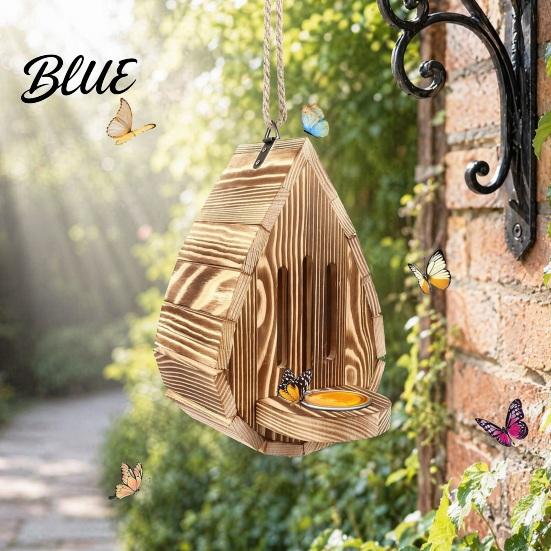 Shelter With Food Cup Wooden Butterfly House for Outside Teardrop-Shaped Garden Habitat and Feeder with Removable Hanging Rope Natural Insect Hotel