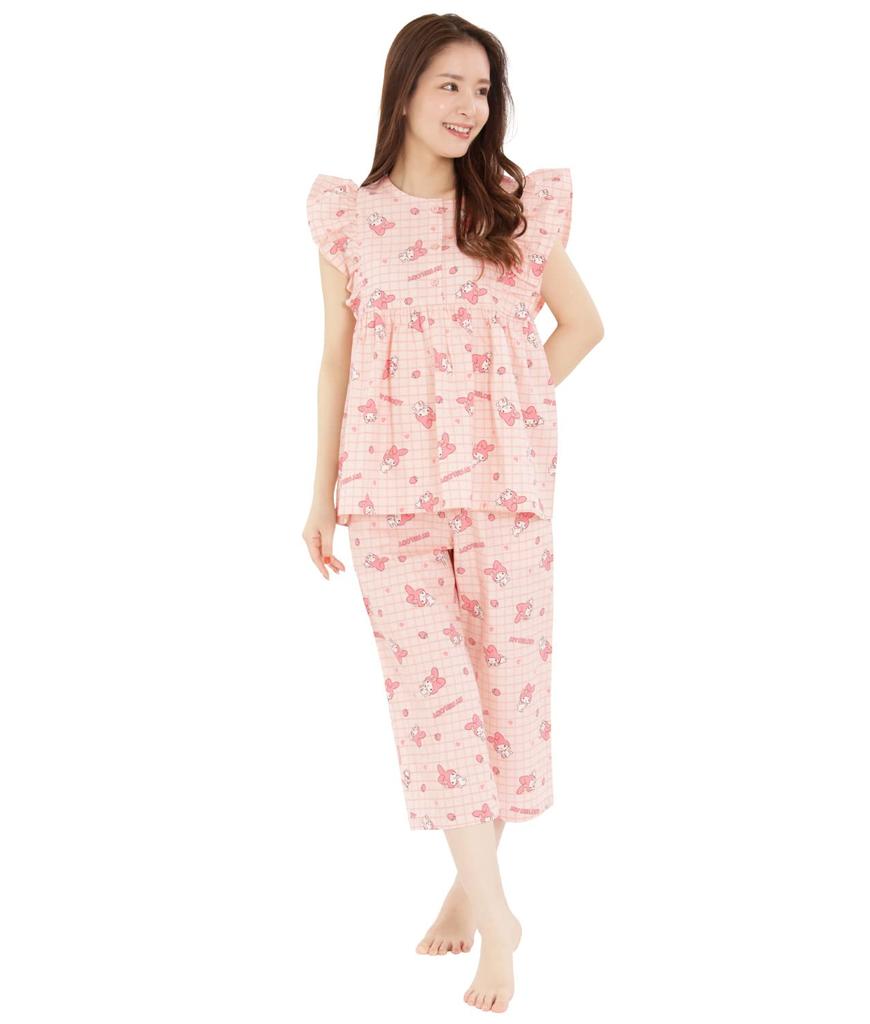 SAZAC SAN1481 Checkered My Melody Frill Pajamas, Women's, Short Sleeves and Pants Set, Loungewear, Sanrio, Apricot/M