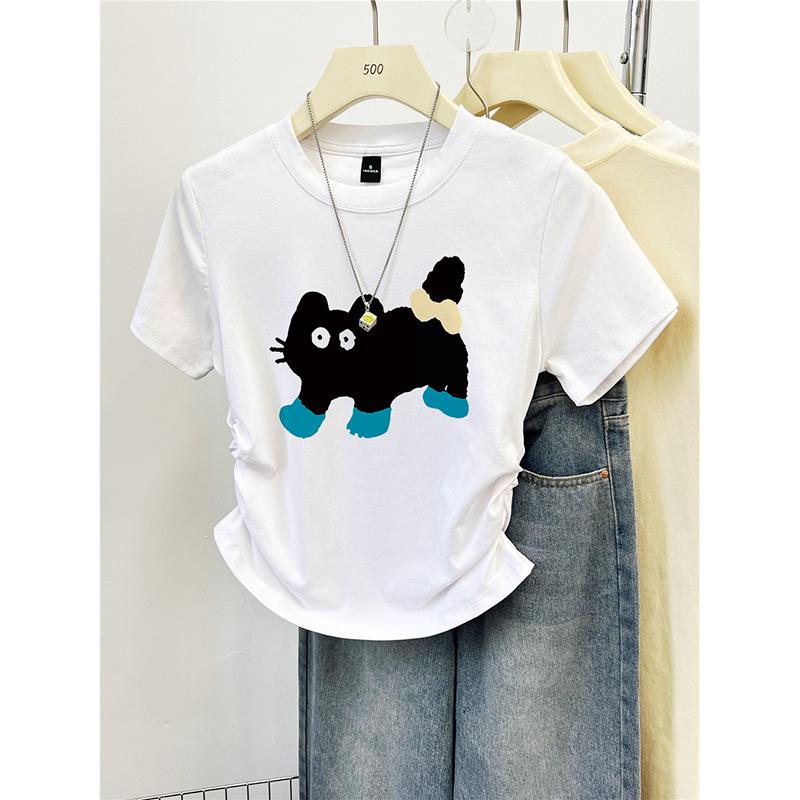 

Women s Mint Mambo Green Ruched Waist Short Sleeve T-shirt - Korean Summer Style Fashionable Print Top Large