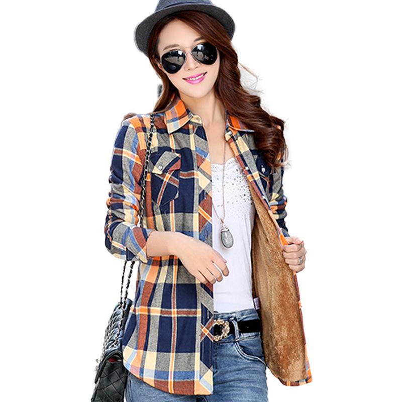 Keep warm in autumn and winter, shirt women's autumn and winter velvet thickened long-sleeved British slim-fitting bottomed cotton plaid shirt women