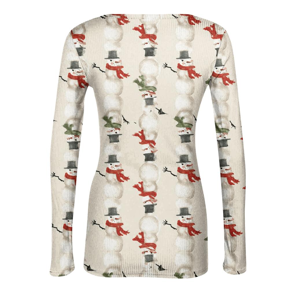 Women's Casual Christmas Print Long Sleeve Ribbed Neck Top