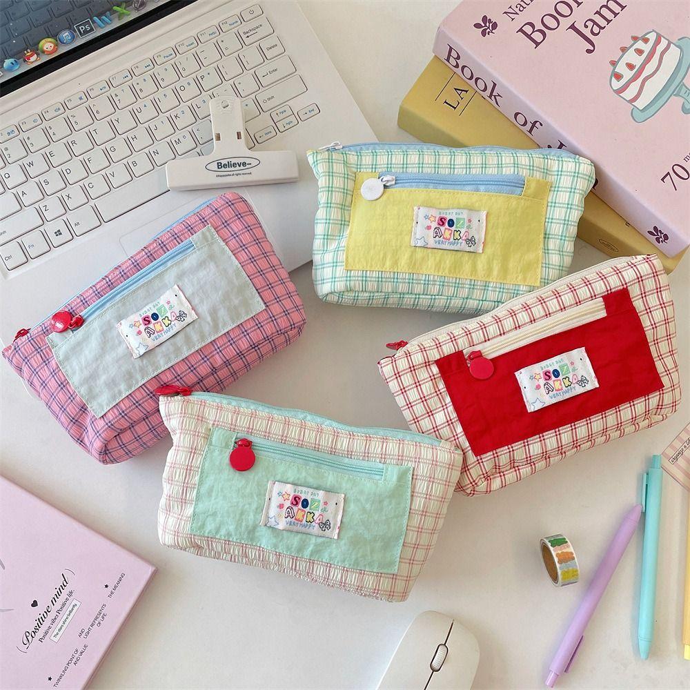 Portable Contrasting Grid Pen Case Dopamine Cute Makeup Bag Casual Cartoon Stationery Box  School