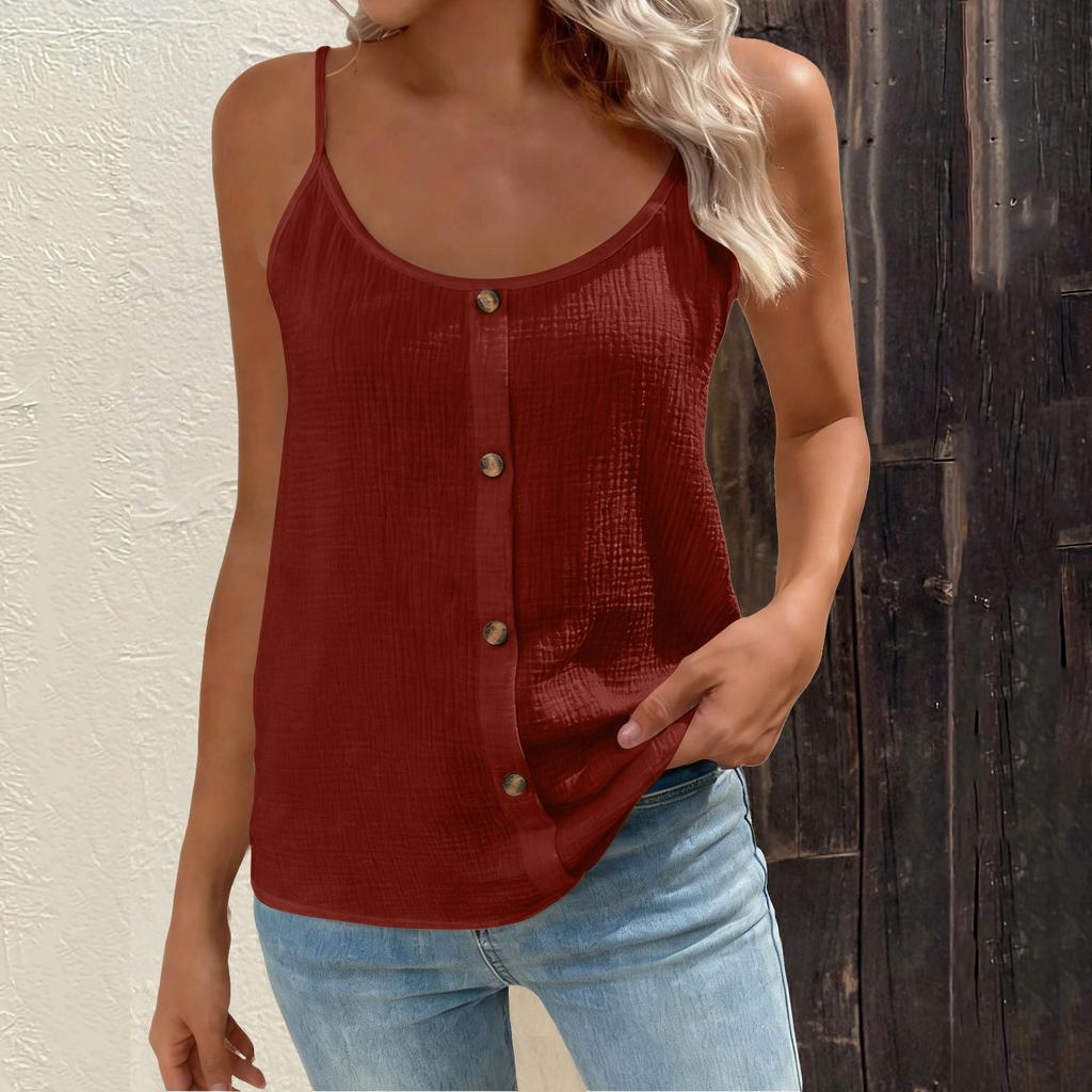 Women's Fashionable Loose-Fit Button-Down Round-Neck Adjustable Strap Tank Top