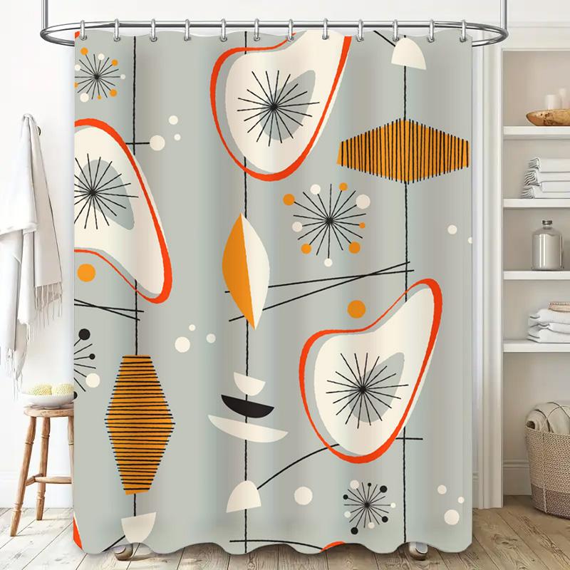 Mid-century Modern Shower Curtain with Atomic Retro Pattern Grey Geometric Design for Bathroom Decor In Orange, Black, White Mus