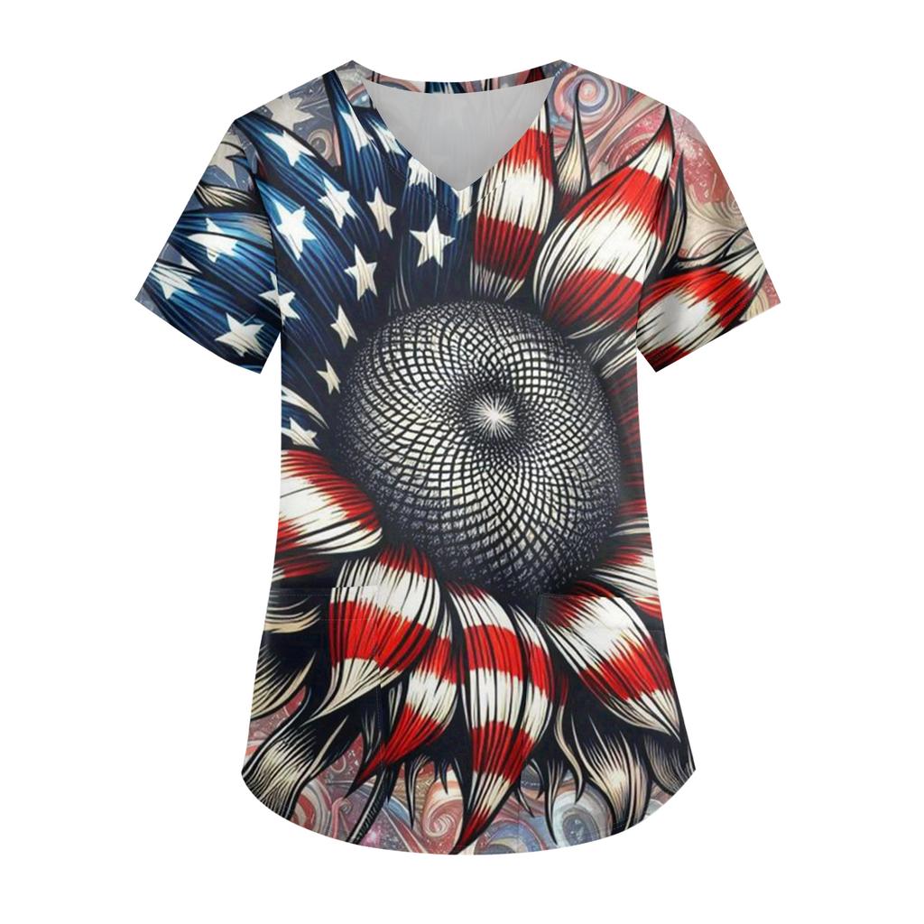 Ladies' Independence Day Printed Fashionable V-neck Pocket Short Sleeved Uniform and Caregiver Top