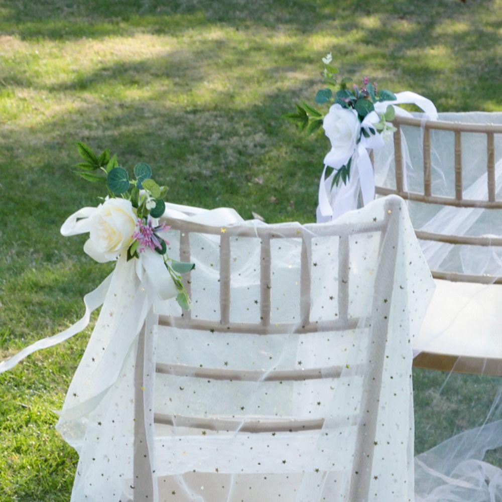 2pcs Handmade Aisle Chair Artificial Flower Rustic Pew Bows Flower  Church Chair Bench