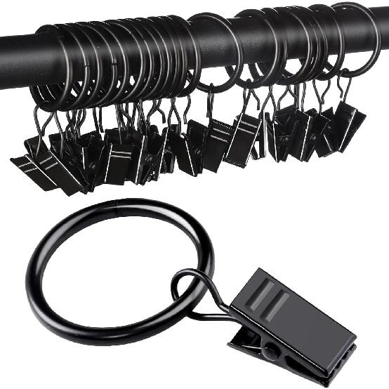 Teenitor 20 Pack Black Curtain Rings with Clips, Curtain Hooks Curtain Clips with Rings, Drapes Rings 1 Inch in Diameter, Fits up to 5/8" Curtain Rod